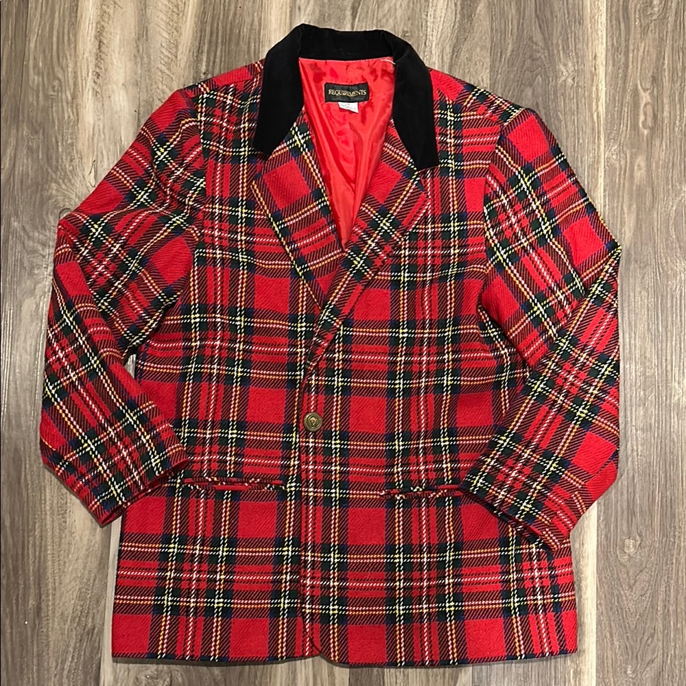 🎄 Vintage Red Tartan Plaid Blazer | Velvet Collar Preppy Jacket